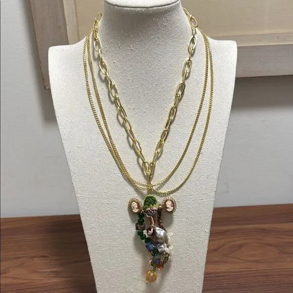 Artisan Made One OF A Kind Necklace. Gold-tone with Huge Multimedia Pendant. - Picture 1 of 4